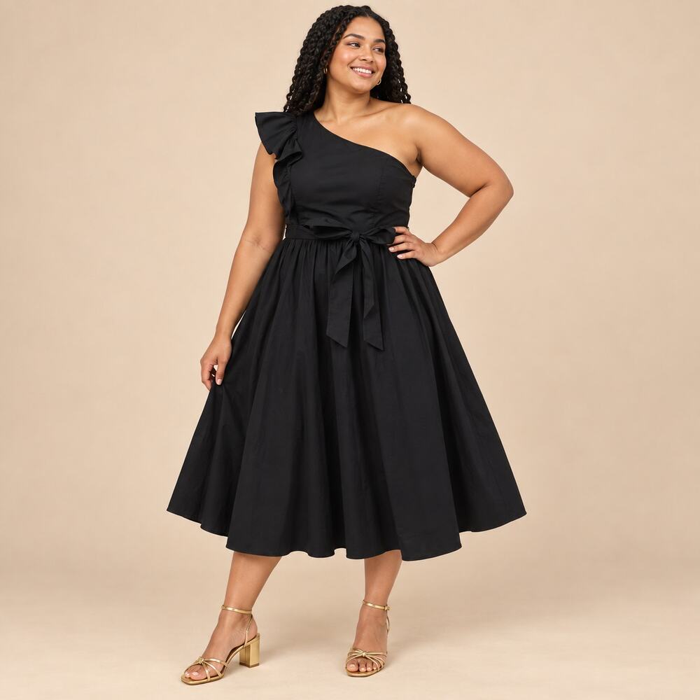J.Crew Dress WMNS 20 Black One Shoulder Ruffle Belted Midi Pockets Evening Glam